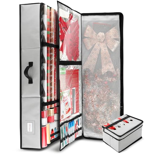 Image of Hearth & Harbor Wrapping Paper Storage Container - Christmas Storage Bag with Ribbon Dispenser and Interior Pockets - Gift Wrap Organizer Fits Up to 26 Rolls of 40 inch Length, Silver
