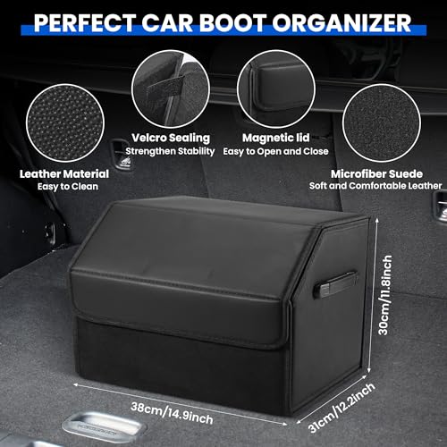 TranRantic Auto Kofferraum Organizer, 38x31x30cm Auto Tasche Kofferraum mit Deckel, Zusammenklappbarer Kofferraumtasche mit Magnetschnalle, Aufbewahrungsbox mit Griffen (Schwarz)