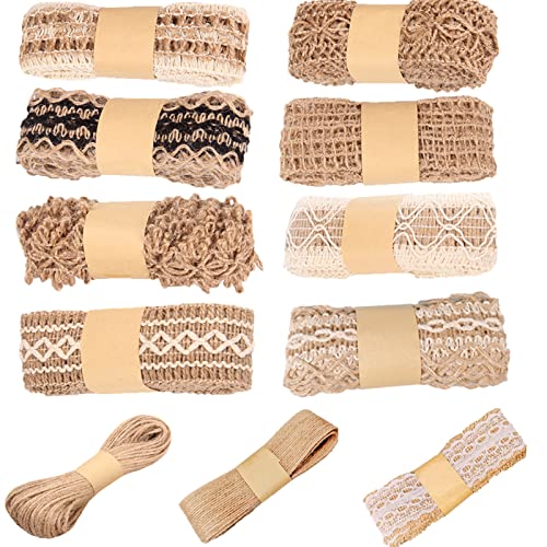 FACHPINT 11 Rolls Burlap Ribbon 40 Meters Jute Ribbons Lace Craft Ribbon, Jute Ribbon for Crafts Wraping Gifts Party Holiday & Rustic Wedding Decorations, Ribbon for Christmas Tree