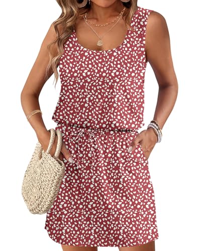 Image of AUSELILY Summer Dresses for Women Casual Sleeveless Drawstring Mini Dress | Sundress with drawstring waist & pockets. Casual beach cover up for summer vacation, pool and daily wear