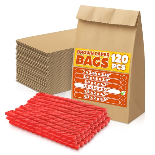Set of 120 Tiny Small Brown Paper Bags - Sturdy Brown Lunch Bags for Snacks, Pastries, Cookies & Candies, Party Favors and Gifts - Durable & Convenient Size (7.9x1.6x3.9