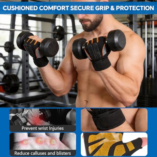Image of PROBEROS Gym Gloves, Fitness Weightlifting Gloves with Wrist Support, Half Finger Gym Gloves for Men & Women, Padded Anti-Slip Palm Workout Gloves for Weightlifting, Training, Cycling-M