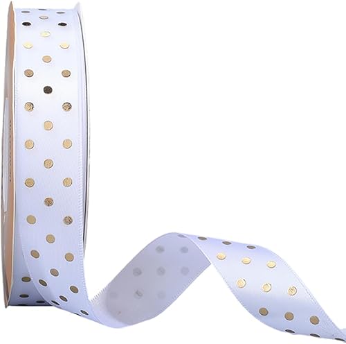 CABODYALS Ruban Gros Grain à Pois Blanc et Doré de 45.72 m 26mm Motif Imprimé Dé