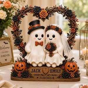 [MADE IN USA] Fastpeace Personalized Halloween Couple Wooden Block – Personalized Couple Gift – Ghost Wedding Decor – Custom Names Date – 2D Flat Wooden Block