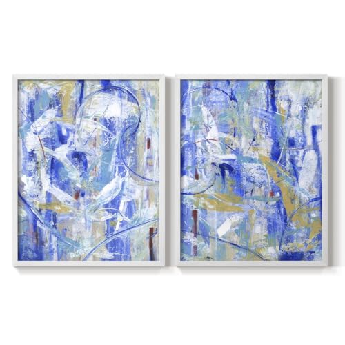 Renditions Gallery Set of 2 Peel & Stick Framed Prints, Abstract Wall Art, Bold Brushstrokes and Layered Textures Wall Decor, Re-Stickable - Ready to Hang - 11'x14' - White Frame LT584