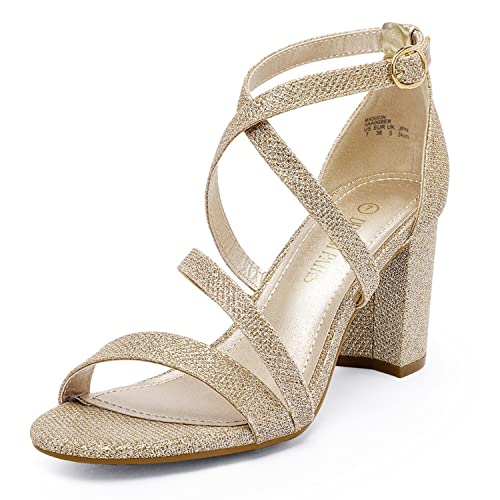 DREAM PAIRS Women’s Ankle Strap Dress Pump Low Chunky Heel Sandals 5.5 Gold/Glitter