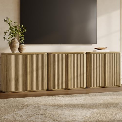 Image of SICOTAS Fluted Sideboard Buffet Cabinet with Storage, Modern Credenza with Solid Wood Handle, Mid-Century Buffet Cabinet Storage Cabinet with Door for Living Room, Entryway