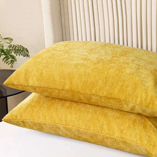 Image of CaliTime Throw Pillow Covers Decorative 20 X 26 Inches Pack of 2 Cozy Chenille Standard Pillow Shams Cases for Couch Sofa Bed Living Room Home Mustard Yellow