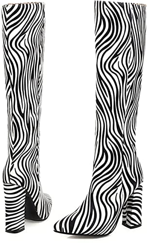 Samtiny Women's Knee High Boots Pointed Autumn Winter Short Plush Lined Boots Fashion Zebra Print Thick Heel Thigh Boots #TOP3