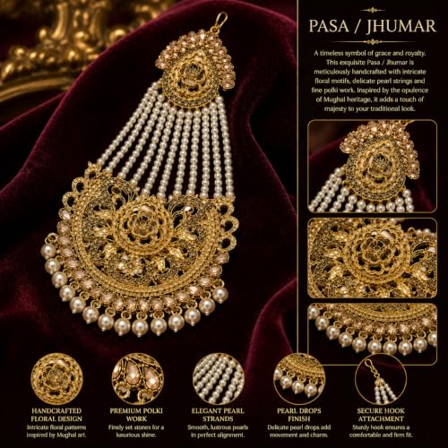 Image of Gold-Toned Pasa Jhumar with Pearl Strands and Crystal Embellishments