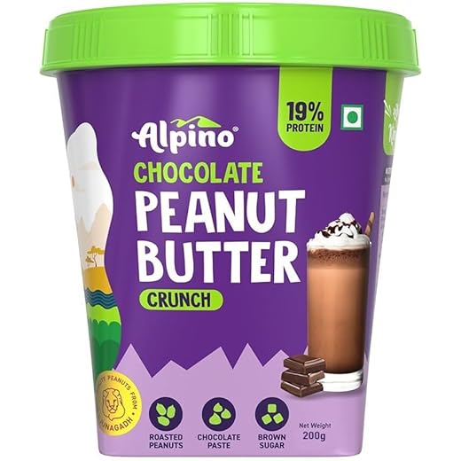 ALPINO Chocolate Peanut Butter Crunch 200g - Roasted Peanuts, Chocolate Paste, Brown Sugar & Sea Salt - 24g Protein, Vegan ? Plant Based Peanut Butter Crunchy