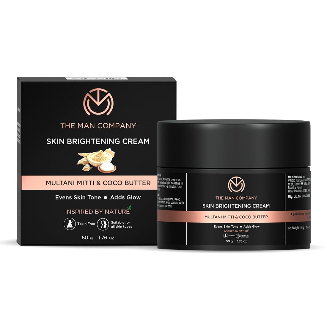 The Man Company Skin Brightening Cream – 50gm for Glowing Radiant Skin | Enriched with Multani Mitti, Coco Butter, Hyaluronic Acid | Reduces Acne & Dark Spots Naturally