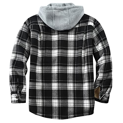 Derbars Cotton Plaid Jacket Fleece Lined Flannel Shirts Sherpa Button Down Jackets With Hood For Men Black X-Large #TOP1