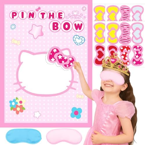Cute Pink Birthday Party Decoration Game, Pin The Bow on The cat ...
