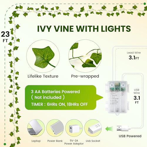 Pellimo Ivy Vine String Lights, 23FT 73 LED Pre-Wrapped Faux Ivy Garland with Fairy Lights, USB & Battery Powered Leaf Lights for Bedroom Wall, Dorm Room, Classroom Decor, Warm White - image 6