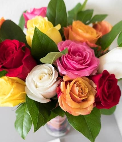 From You Flowers One Dozen Rainbow Roses With Birthday Pick With Glass Vase (Fresh Flower Bouquets) Birthday thumb #2