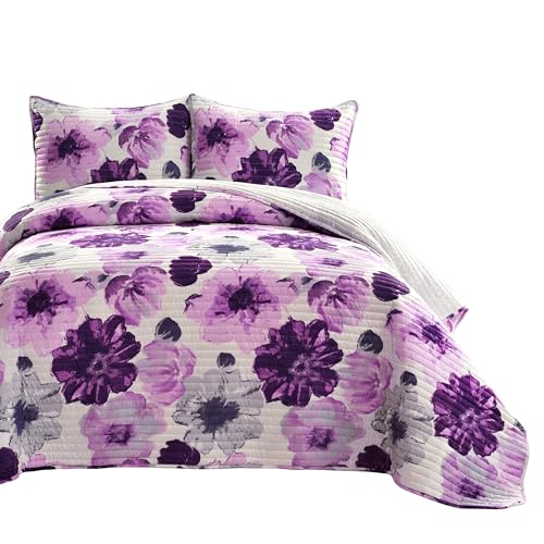 Image of Lush Decor Leah Reversible Floral Quilt Set, 3 Piece Set, King, Gray & Purple - Watercolor Botanical - Cottage Core - French Country Decor- Bedding Queen Size