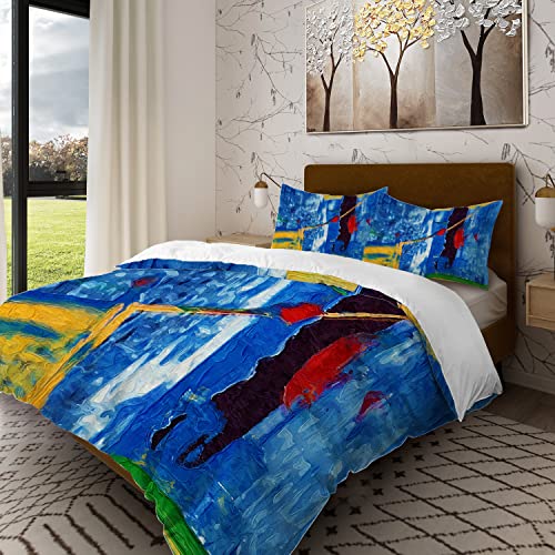 Batmerry Colorful Abstract Watercolor Full Size 3 Pieces Bedding Comforter Sets,Soft Modern Oil Pattern Printed 100% Cotton Duvet Cover for All Season