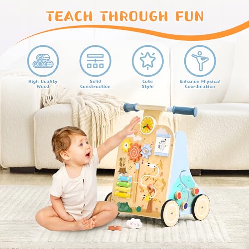 Image of Wooden Baby Walker, Baby Push Walker for 12+ Months, Baby Walker with Activity Center, Push and Pull Walkers for Boys Girls