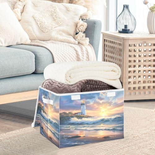 Image of senya Large Storage Bins with Linen Collapsible Foldable Storage Cubes Fabric Closet Organizer Containers box with Flip-Top Lid for Home Bedroom Office 16.7 x 12.6 x 11.8in (Seaside Scenery)