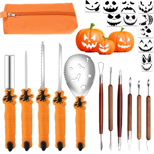 Nabance Halloween Pumpkin Carving Kit 13PCS Pumpkin Carving Kit + 10Pcs Carving Templates Stainless Steel Halloween Decoration Accessories Halloween Pumpkin Carving Tool Set