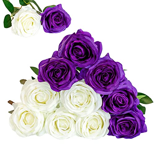 Floralsecret 13 Pcs Artificial Silk Rose Flower Bouquet Faux Flowers(White&purple), White,purple, 20 inches x 3.5 inches