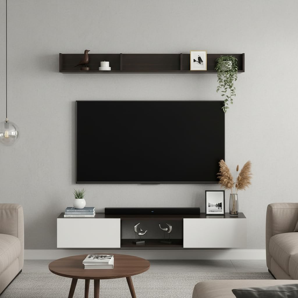 FURNEASER VR65 Wall Mount TV Unit for Living Room, Wooden TV Panel Stand with Storage Shelves, Modern Entertainment Center, Media Console Cabinet Fits Up to 65 Inch TV (Wenge & White)