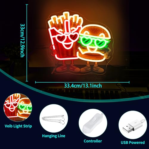 Image of Neon Sign, HSJNJKFU Hamburger and Fries LED Sign, UV Printed Neon Light Signs for Wall Decor, Kitchen, Cafe, Restaurant, Man Cave, Foodie Room Decor - USB Powered