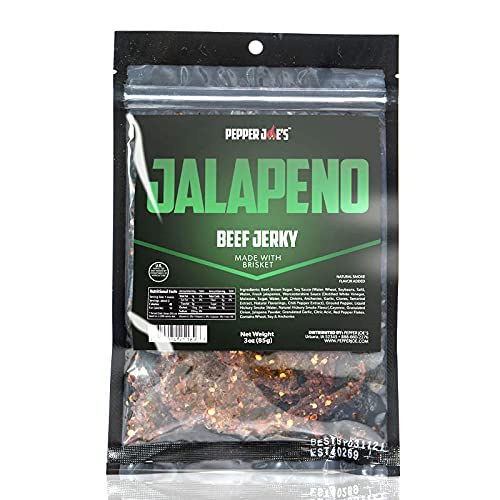 Pepper Joe’s Jalapeno Beef Jerky – Premium Beef Brisket Jerky Cuts Covered with Fresh Spicy Jalapenos, Sweet Brown Sugar, and Hickory Smoke Flavor – 3 Ounces