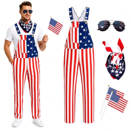Apparlxer Mens American Flag Overalls American Flag Bib Shorts Jumpsuits 4th of July Overalls with Accessories Set (US Alpha Large Regular Regular C)