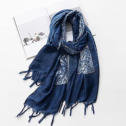 Spring and autumn thin cotton blend tie-dye sunshade sunscreen scarf travel outdoor retro style dual-use shawl (blue-1)