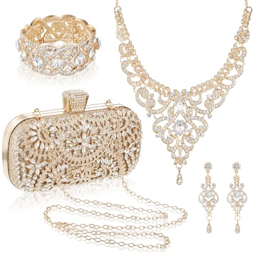Quelay 4 Pcs Purse Rhinestone Jewelry Set Evening Clutch Bag Blin...