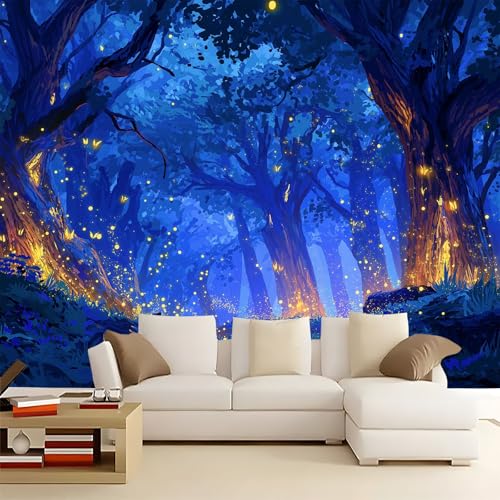 Azul Oscuro Papel pintado panorámico no tejido 250 x 175 cm Tamaño personalizado, póster mural gigante 3D, Misterio Bosque Insectos Luciérnagas para sala de estar dormitorio o restaurante