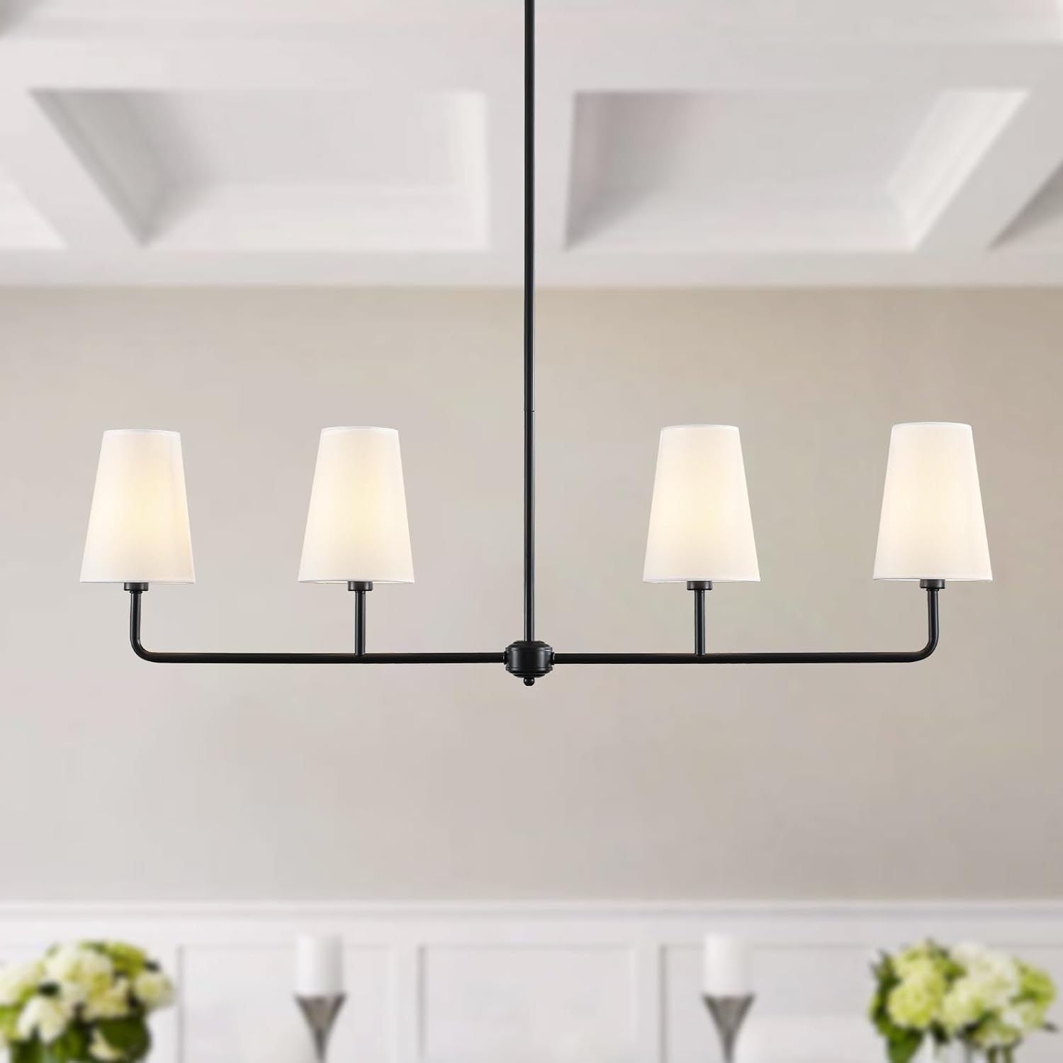 Black Linear Chandelier Modern Farmhouse Kitchen Island Light Fixture Classic 4 Light Chandeliers with White Linen Shades Over Dining Table