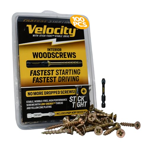 velocity interior 1 12 inch wood screws diy pack size 8 100 pcs  zinc and yellow coating stick-tight technology screw for wood working with psd acr driver bit