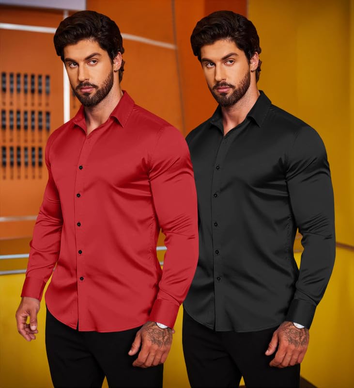 Image of Combo of Men's Premium Satin Cotton Shirt with Full Sleeves & Spread Collar | Smooth Finish | Slim Fit | Stylish Button Down Shirt for Evening, Casual Pack of 2