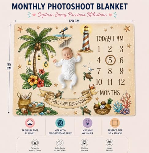Image of Baby Monthly Milestone Photoshoot Blanket with Milestone Cards, Cotton, 115x95 cm, Animal Theme, 1-12 Months (Coconut Tree)