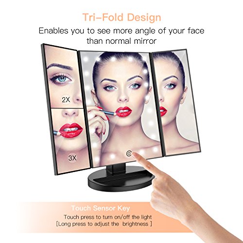 BESTOPE Makeup Mirror Magnification Vanity Make up Mirror 21 LED Lights Tri-Fold Mirrors (Black)