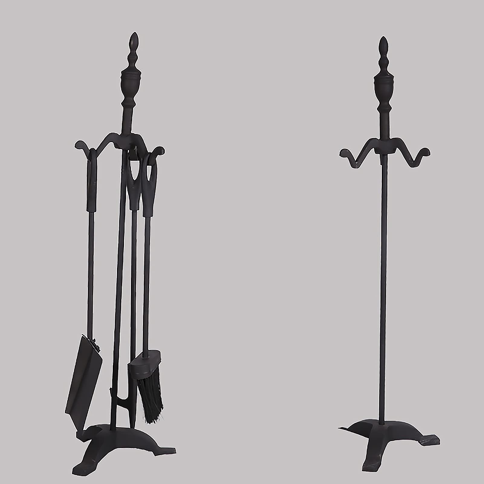 Juego de 4 herramientas para chimenea, accesorios de hierro fundido negro con ganchos, soporte, pala, cepillo de póquer, acabado moderno.