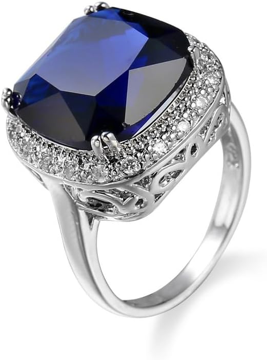 LIOYSIUT 925 Sterling Silver Solitaire Ring Vintage Ladies 925 Sterling Silver Sapphire Diamond Rings Square Zircon Ring Womens Blue Gemstone Engagement Wedding Promise Band coktail Ring Size 8