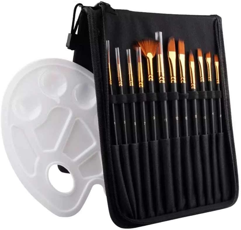 12Pcs Paintbrush + Palette Watercolor Gouache Oil Painting Brush Pen with Bag(D)