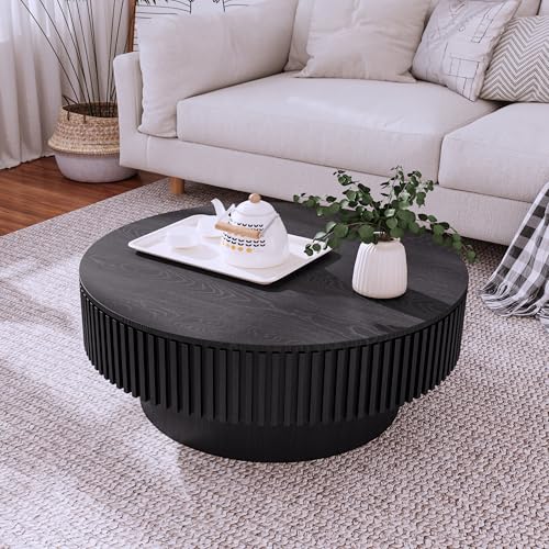 FammyLoft Couchtisch mit Stauraum Modern Round CoffeeTable mit Fluted Design Klein Kaffeetisch für Kid & Pet Friendly Sofa Tisch Center für Wohnzimmer/Balkon/Schlafzimmer 75cm Schwarz
