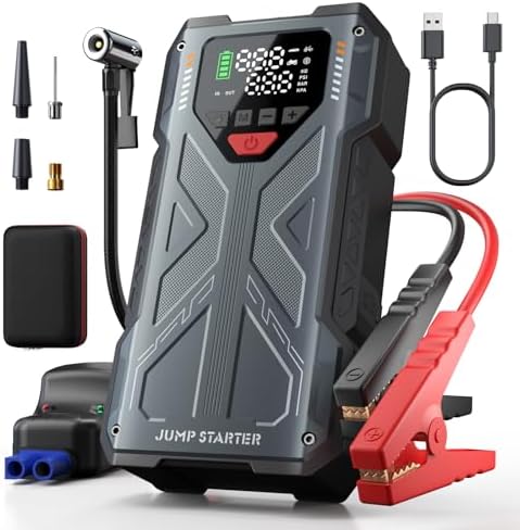 4000A Battery Charger Car Jump Starter with Air Compressor, Battery Jumper Starter Portable for 12V Vehicle, Jump Box Power Pack with 150PSI Tire Inflator, Smart Boost for 8.0L Gas/6.5L Diesel Engines