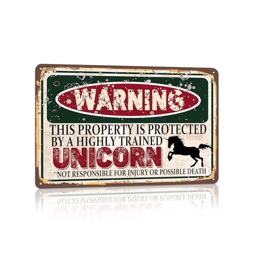 RCXsigns Vintage Unicorn Metal Sign， Warning this property is protected bY a highly trained Unicorn Sign Funny Tin Signs 12x8 Inch