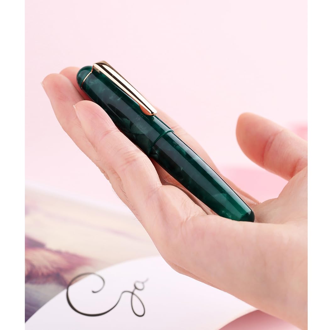 SIPLIV Majohn Q2 Mini Resin Fountain Pen Pocket-Size Travel Pen Iridium Fine Nib Fountain Pen with 3 Pen Nibs, Short Size Eyedropper and 20 Black Ink Cartridges - Green - Image 4