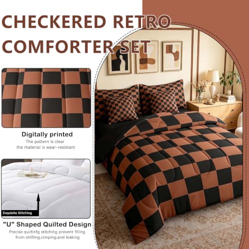 Image of Feelyou Checkered 7 Piece Bedding Set Teen Brown Black Plaid Comforter Set with Sheets King Size Kids Boys Cute Retro Neutral Checkerboard Geometric Bed in a Bag Vintage Aesthetic Room Decor