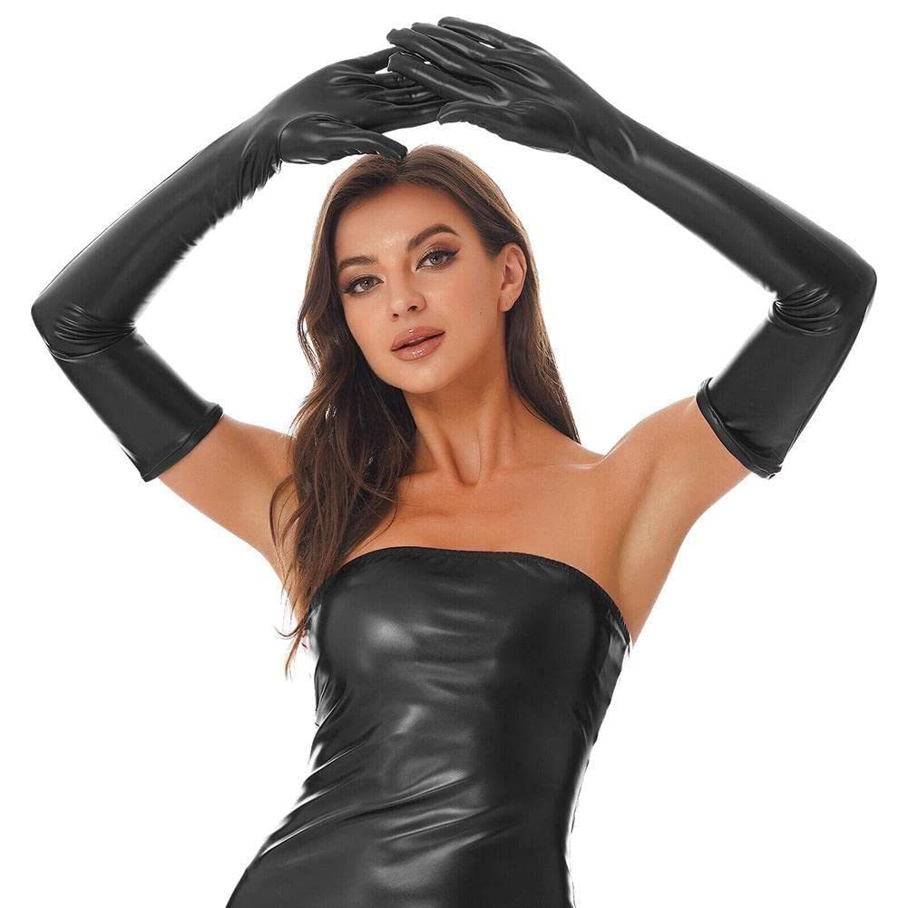 ZXCVWWE Guanti lunghi sexy in lattice da donna da uomo hip jazz clubwear finti guanti bagnati accessori metallici costumi cosplay in pelle S3E7