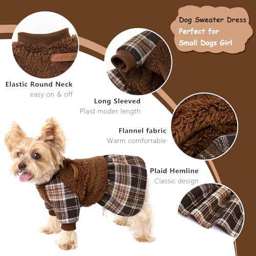 Image of Dog Sweater Dog Clothes for Small Dogs Boy Girl Fall Puppy Dress Warm Fleece Chihuahua Yorkie Teacup Doggie Sweaters Dresses Doggy Sweater for Small Dogs Girl Cat Outfit, Brown, M