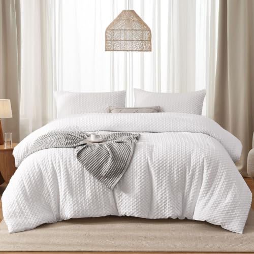 Image of Waffle Seersucker Puckering Duvet Cover Set with 2 Pillowcases White Checkered Bedding Set with Zipper Closure,Soft Microfibre,Super King Size 220x260 cm