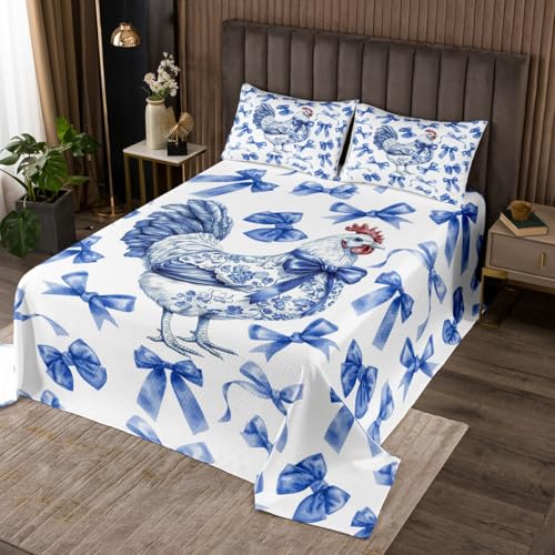 jejeloiu Chicken Quilted Coverlet King Size Blue Bow Coverlet Set for Boys Girls Children Bowknot Animals Blue White Bedspread Room Decor